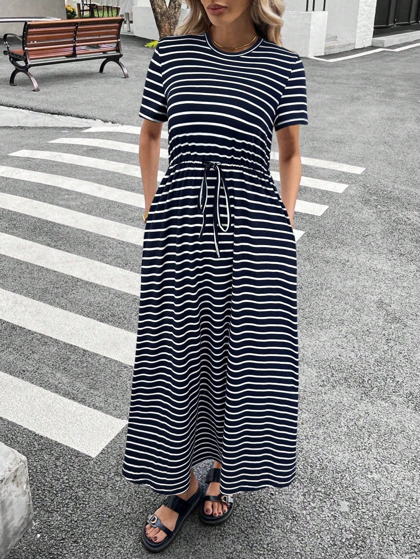 Siren Gaze Women Striped Crew Neck Short Sleeve Drawstring Waist Casual Midi Dress,Dresses For Women Summer Vacation Holiday Resort