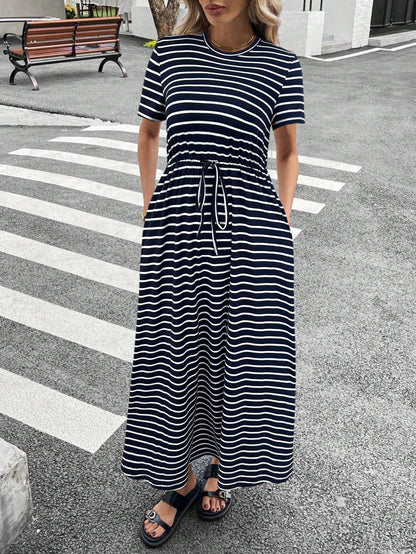 Siren Gaze Women Striped Crew Neck Short Sleeve Drawstring Waist Casual Midi Dress,Dresses For Women Summer Vacation Holiday Resort