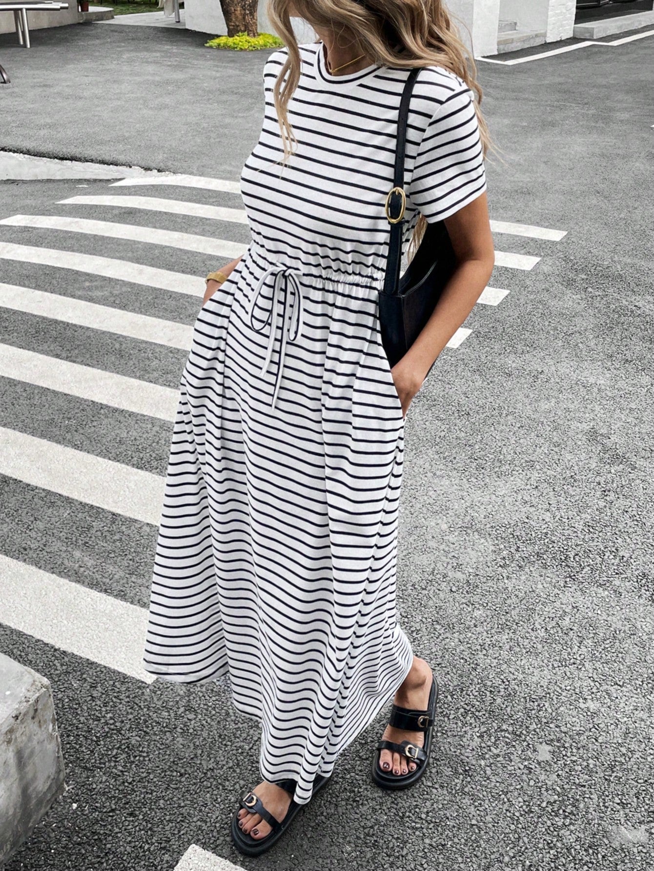Siren Gaze Women Striped Crew Neck Short Sleeve Drawstring Waist Casual Midi Dress,Dresses For Women Summer Vacation Holiday Resort