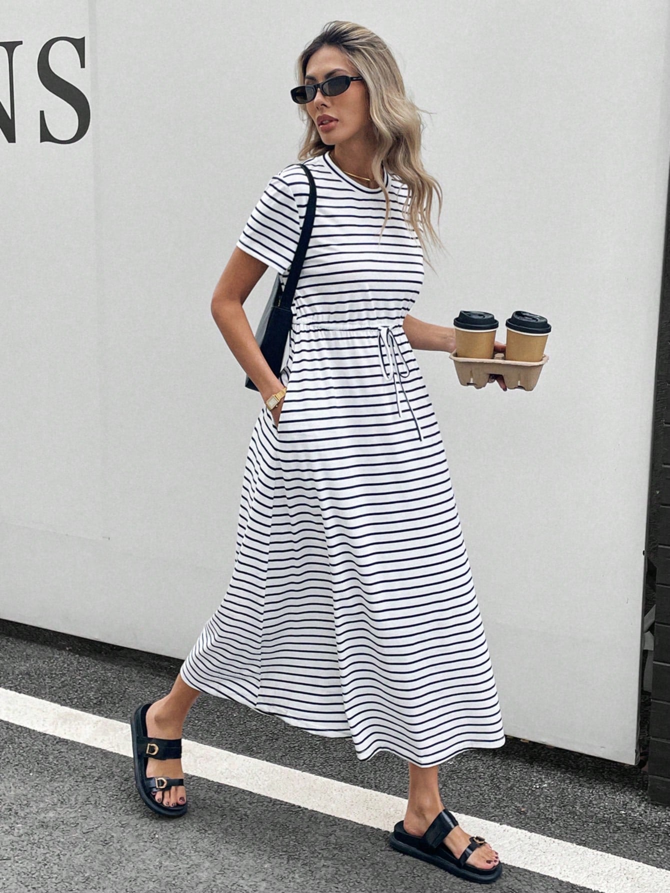 Siren Gaze Women Striped Crew Neck Short Sleeve Drawstring Waist Casual Midi Dress,Dresses For Women Summer Vacation Holiday Resort