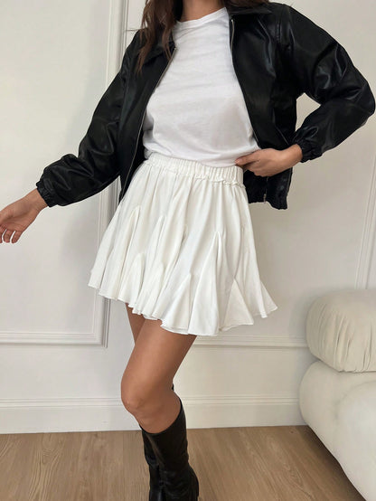 Siren Gaze Women White Ruffled Hem Mini Skirt,High Waisted Pleated Ballet Tutu Skirt For Party School Work,Streetwear Preppy Cute,Autumn,Casual,Date,Homecoming