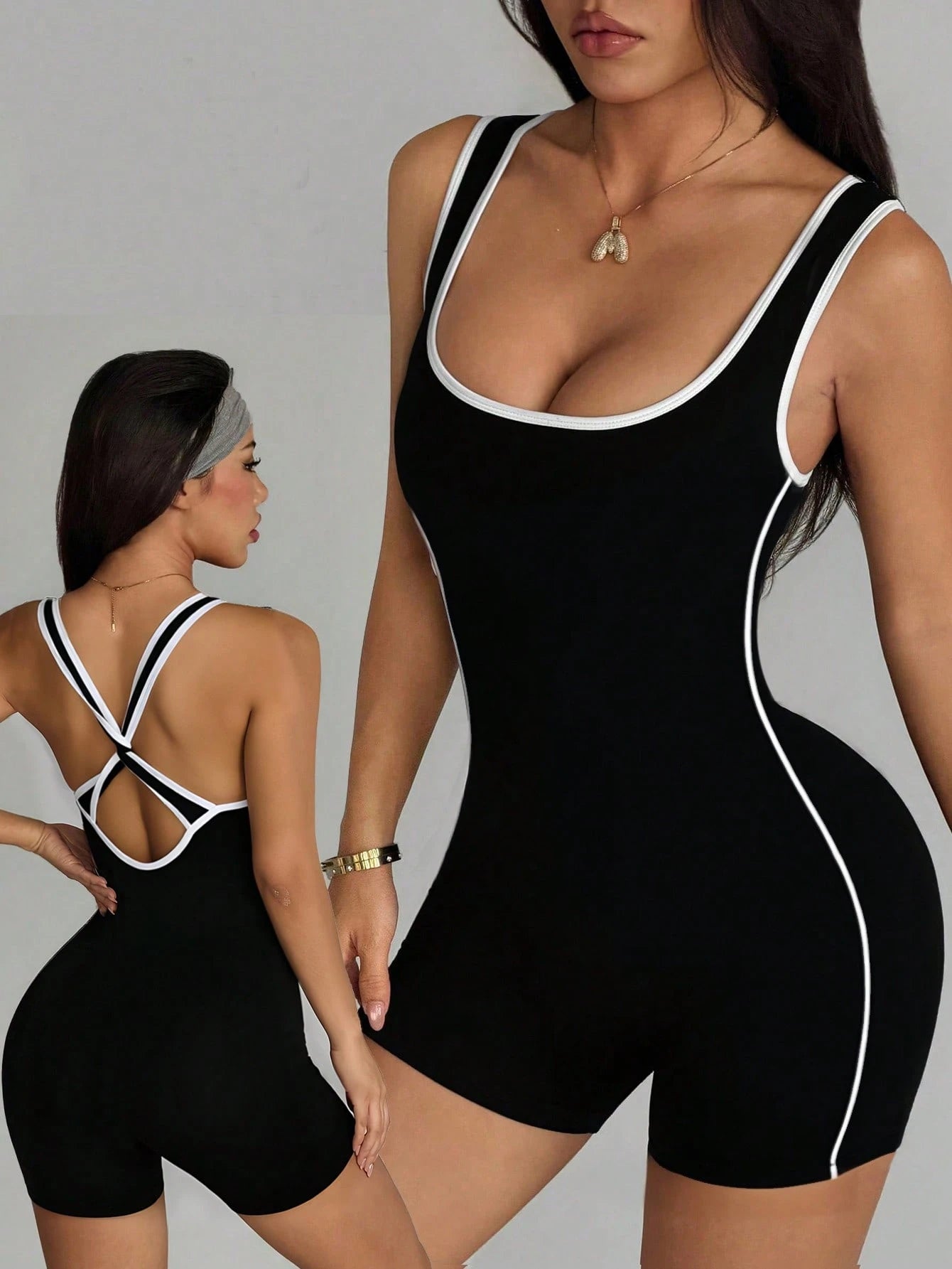 Sirith Solid Color Black & White Contrast Large Scoop Neck Criss-Cross Back Women's Sports Jumpsuit