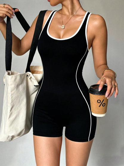 Sirith Solid Color Black & White Contrast Large Scoop Neck Criss-Cross Back Women's Sports Jumpsuit