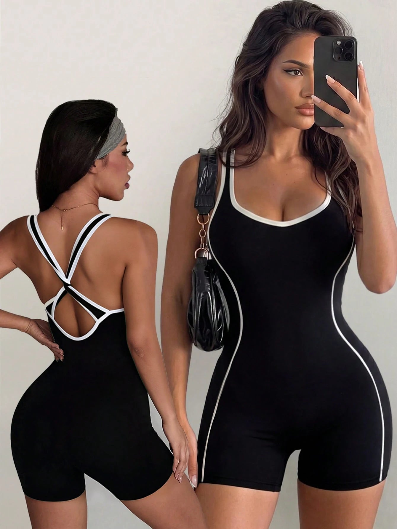Sirith Solid Color Black & White Contrast Large Scoop Neck Criss-Cross Back Women's Sports Jumpsuit