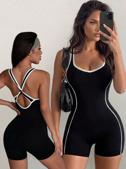 Sirith Solid Color Black & White Contrast Large Scoop Neck Criss-Cross Back Women's Sports Jumpsuit