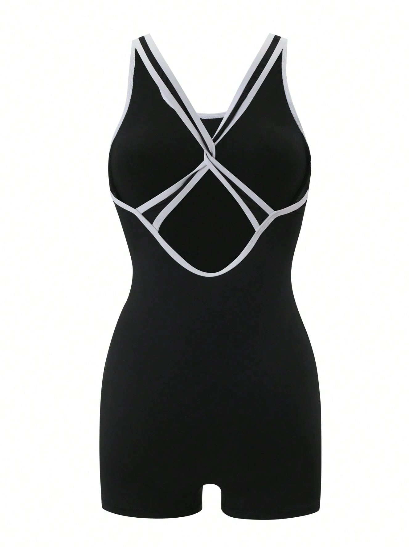 Sirith Solid Color Black & White Contrast Large Scoop Neck Criss-Cross Back Women's Sports Jumpsuit