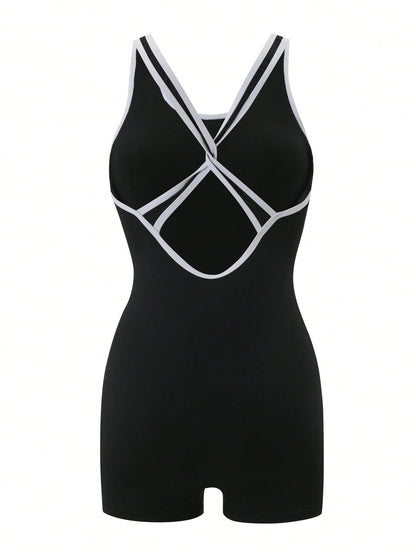 Sirith Solid Color Black & White Contrast Large Scoop Neck Criss-Cross Back Women's Sports Jumpsuit