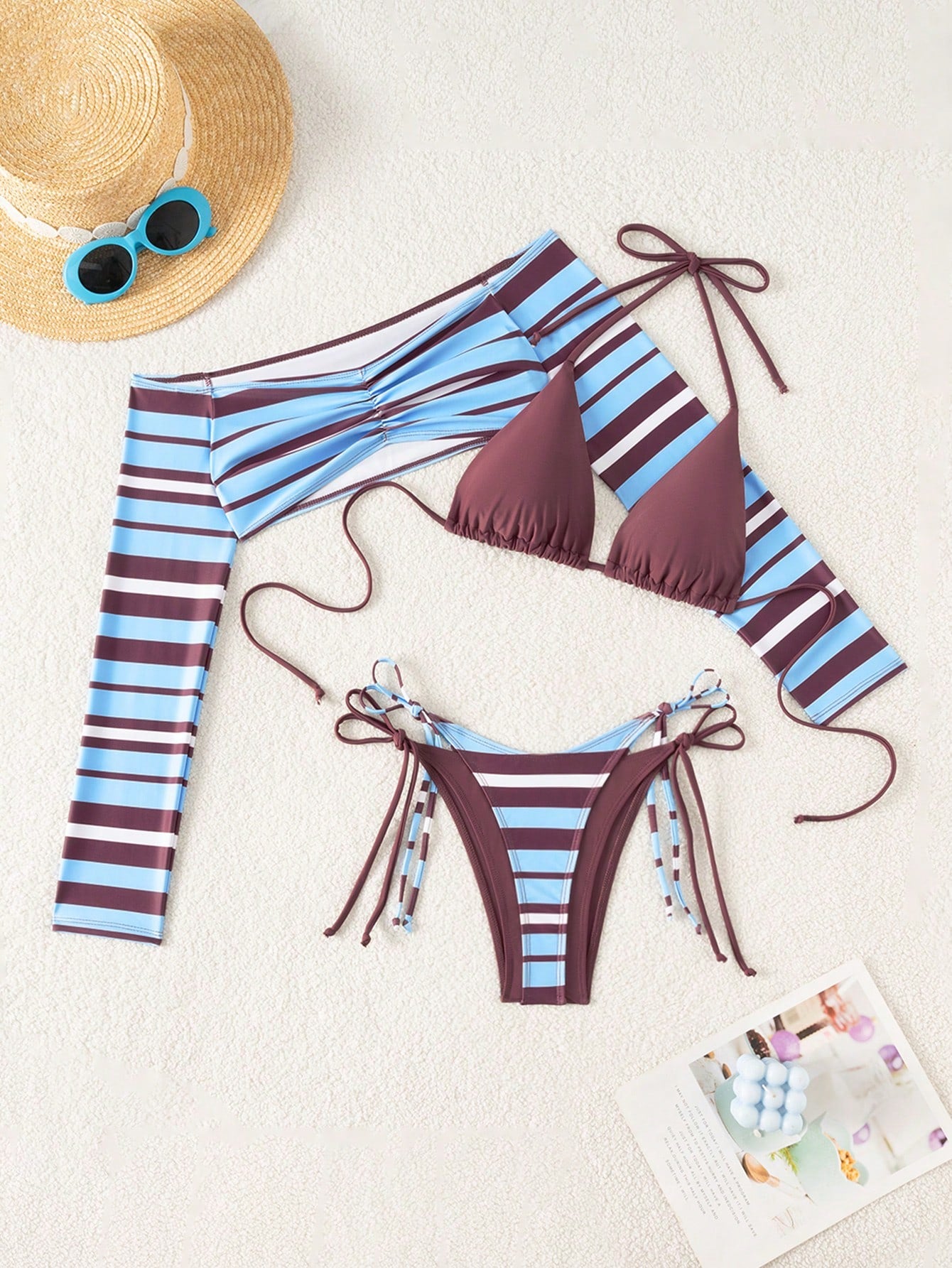 Sirith Women's New Striped Print Viral 3 PiecesSwimsuit Set, Fashionable Sexy Beach Holiday Casual 3 PiecesSwimwear Set (Random Print)