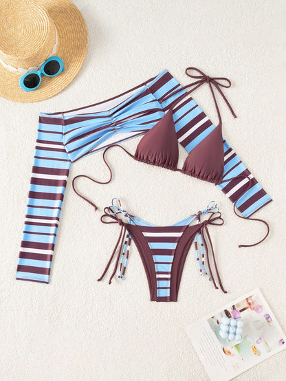 Sirith Women's New Striped Print Viral 3 PiecesSwimsuit Set, Fashionable Sexy Beach Holiday Casual 3 PiecesSwimwear Set (Random Print)