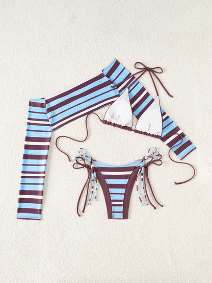 Sirith Women's New Striped Print Viral 3 PiecesSwimsuit Set, Fashionable Sexy Beach Holiday Casual 3 PiecesSwimwear Set (Random Print)