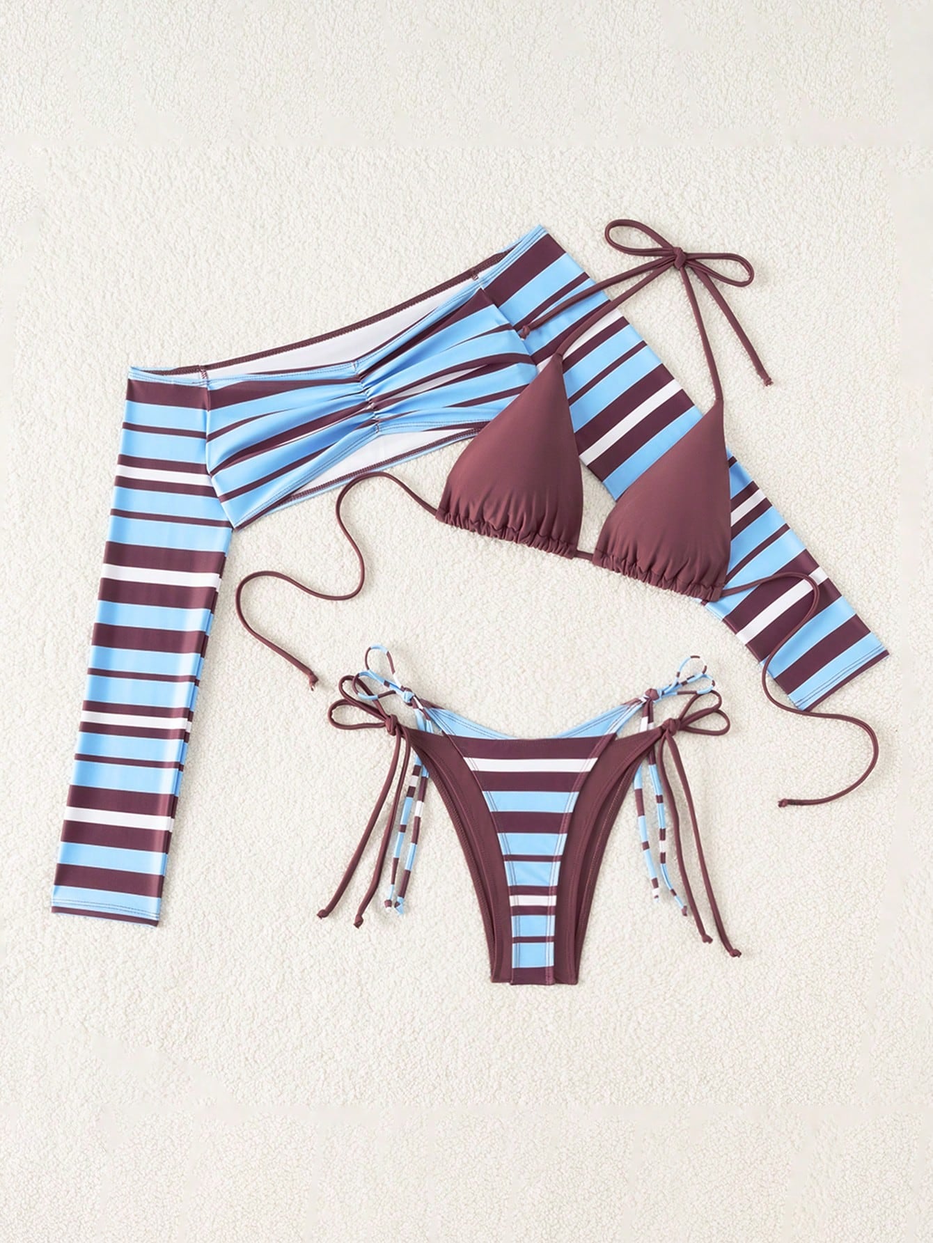 Sirith Women's New Striped Print Viral 3 PiecesSwimsuit Set, Fashionable Sexy Beach Holiday Casual 3 PiecesSwimwear Set (Random Print)