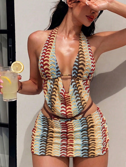Sirith Women's Sexy Bohemian Vintage Hollow Texture Halter Deep V Cowl Neck + Bikini Bottom + Bodycon Skirt Bikini 3-Piece Set, Suitable For Vacation And Beach