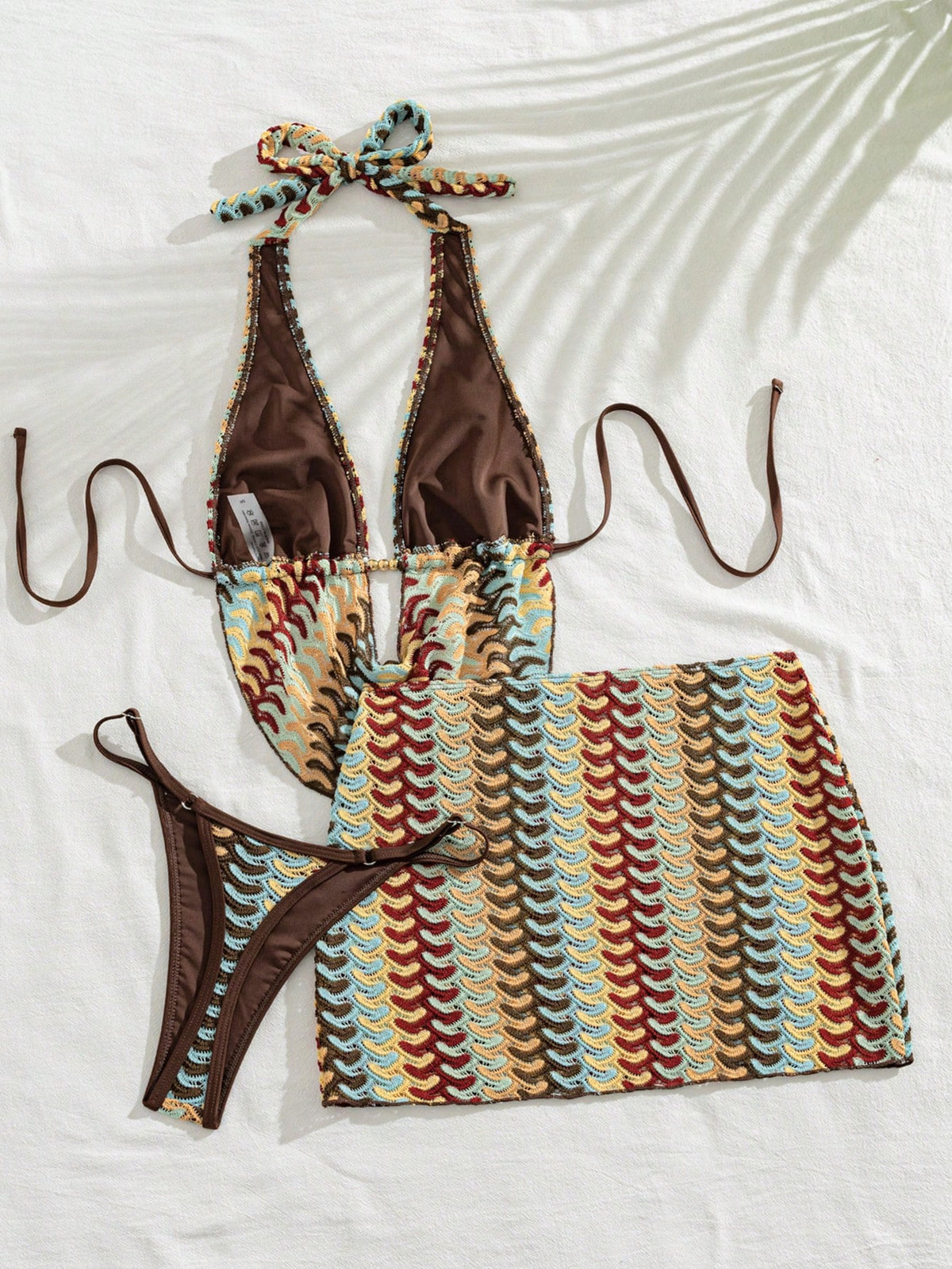 Sirith Women's Sexy Bohemian Vintage Hollow Texture Halter Deep V Cowl Neck + Bikini Bottom + Bodycon Skirt Bikini 3-Piece Set, Suitable For Vacation And Beach