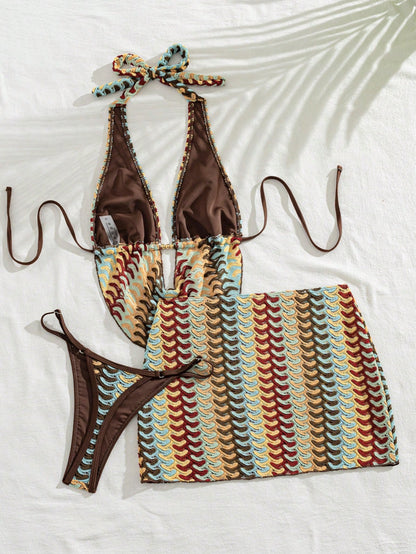 Sirith Women's Sexy Bohemian Vintage Hollow Texture Halter Deep V Cowl Neck + Bikini Bottom + Bodycon Skirt Bikini 3-Piece Set, Suitable For Vacation And Beach