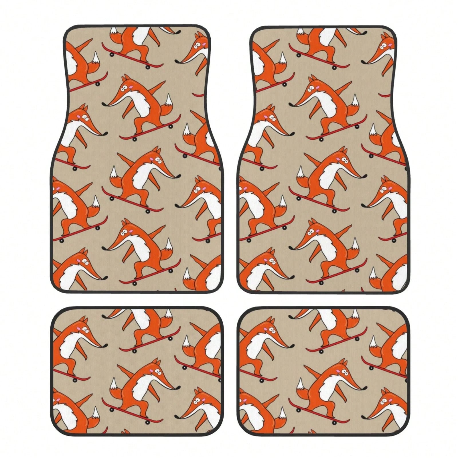 Skateboard Characters Set Stylish Little Fox Riding On Skateboard Car Floor Carpet Set Of 4, Auto Interior Floor Mats Durable Front & Rear Carpets For Car Accessories Decoration