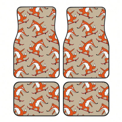Skateboard Characters Set Stylish Little Fox Riding On Skateboard Car Floor Carpet Set Of 4, Auto Interior Floor Mats Durable Front & Rear Carpets For Car Accessories Decoration