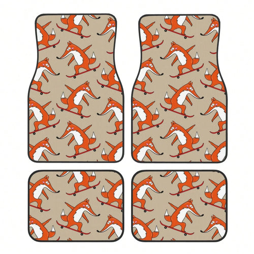 Skateboard Characters Set Stylish Little Fox Riding On Skateboard Car Floor Carpet Set Of 4, Auto Interior Floor Mats Durable Front & Rear Carpets For Car Accessories Decoration