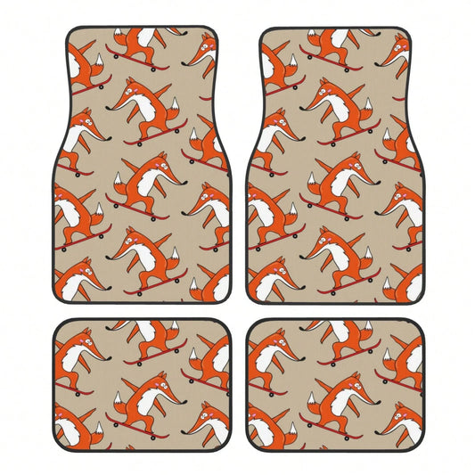 Skateboard Characters Set Stylish Little Fox Riding On Skateboard Car Floor Carpet Set Of 4, Auto Interior Floor Mats Durable Front & Rear Carpets For Car Accessories Decoration