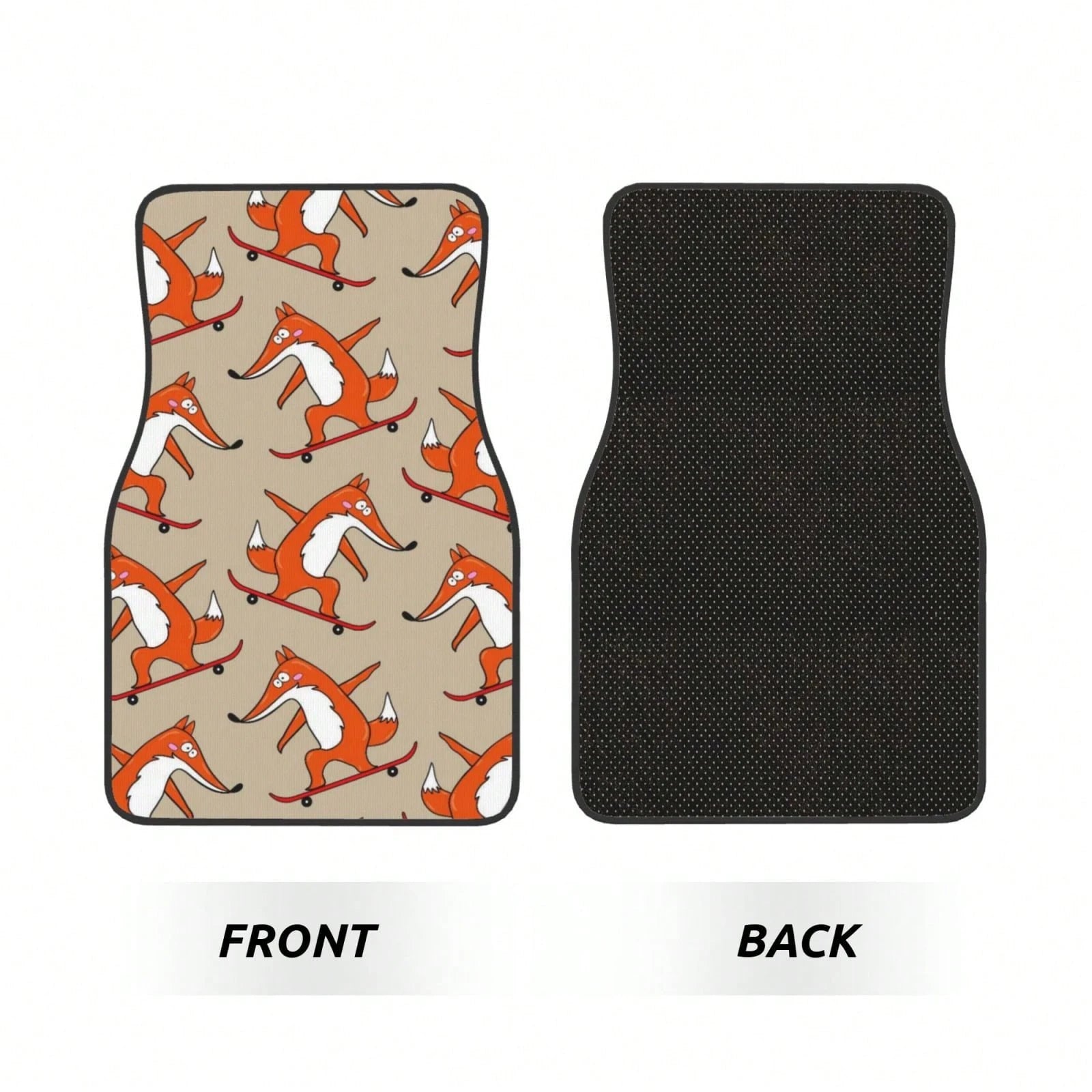 Skateboard Characters Set Stylish Little Fox Riding On Skateboard Car Floor Carpet Set Of 4, Auto Interior Floor Mats Durable Front & Rear Carpets For Car Accessories Decoration