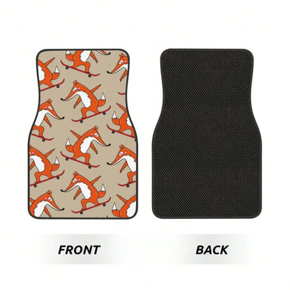 Skateboard Characters Set Stylish Little Fox Riding On Skateboard Car Floor Carpet Set Of 4, Auto Interior Floor Mats Durable Front & Rear Carpets For Car Accessories Decoration