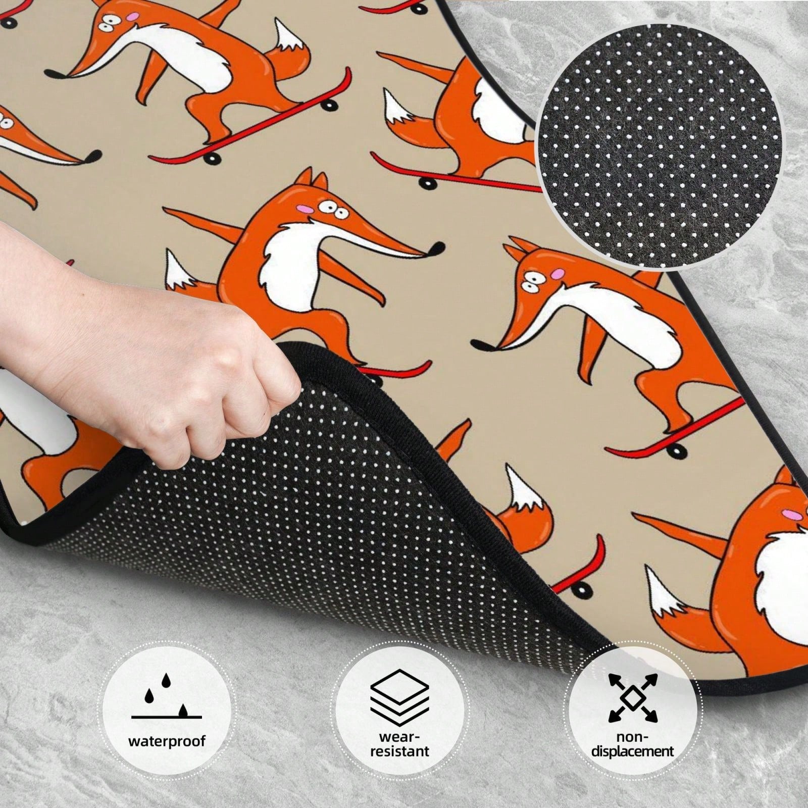 Skateboard Characters Set Stylish Little Fox Riding On Skateboard Car Floor Carpet Set Of 4, Auto Interior Floor Mats Durable Front & Rear Carpets For Car Accessories Decoration