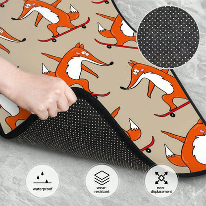 Skateboard Characters Set Stylish Little Fox Riding On Skateboard Car Floor Carpet Set Of 4, Auto Interior Floor Mats Durable Front & Rear Carpets For Car Accessories Decoration