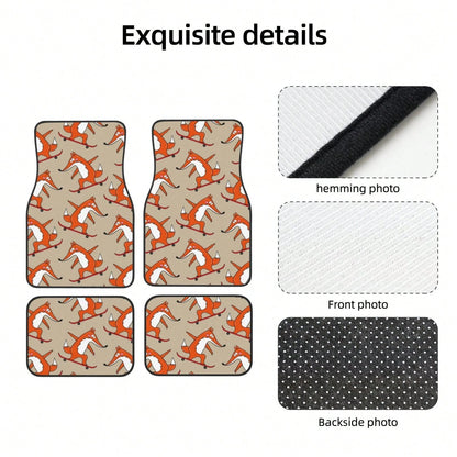 Skateboard Characters Set Stylish Little Fox Riding On Skateboard Car Floor Carpet Set Of 4, Auto Interior Floor Mats Durable Front & Rear Carpets For Car Accessories Decoration