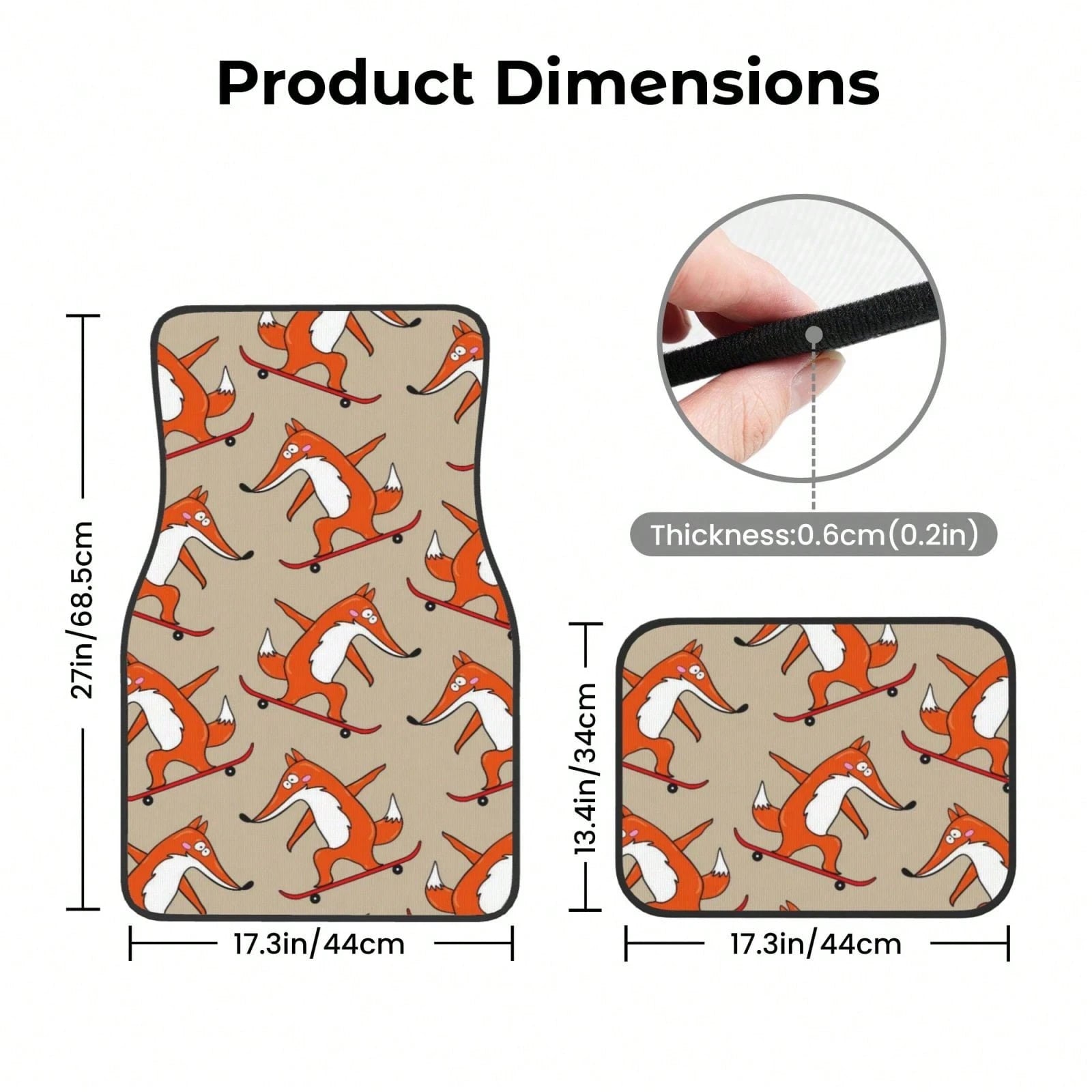 Skateboard Characters Set Stylish Little Fox Riding On Skateboard Car Floor Carpet Set Of 4, Auto Interior Floor Mats Durable Front & Rear Carpets For Car Accessories Decoration
