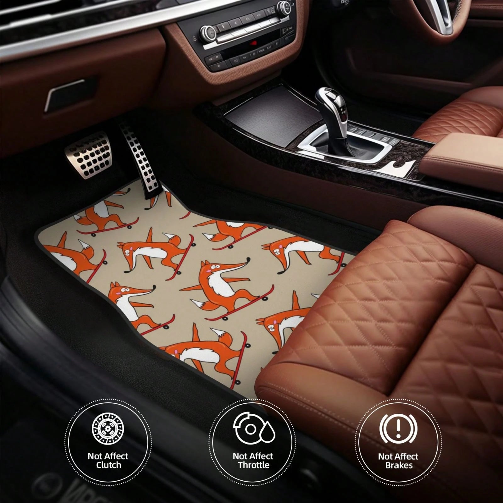 Skateboard Characters Set Stylish Little Fox Riding On Skateboard Car Floor Carpet Set Of 4, Auto Interior Floor Mats Durable Front & Rear Carpets For Car Accessories Decoration
