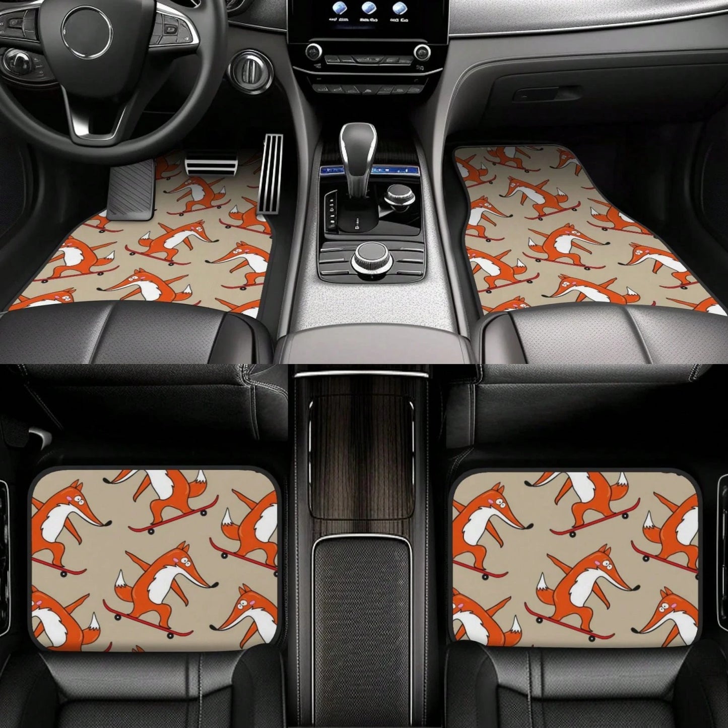 Skateboard Characters Set Stylish Little Fox Riding On Skateboard Car Floor Carpet Set Of 4, Auto Interior Floor Mats Durable Front & Rear Carpets For Car Accessories Decoration