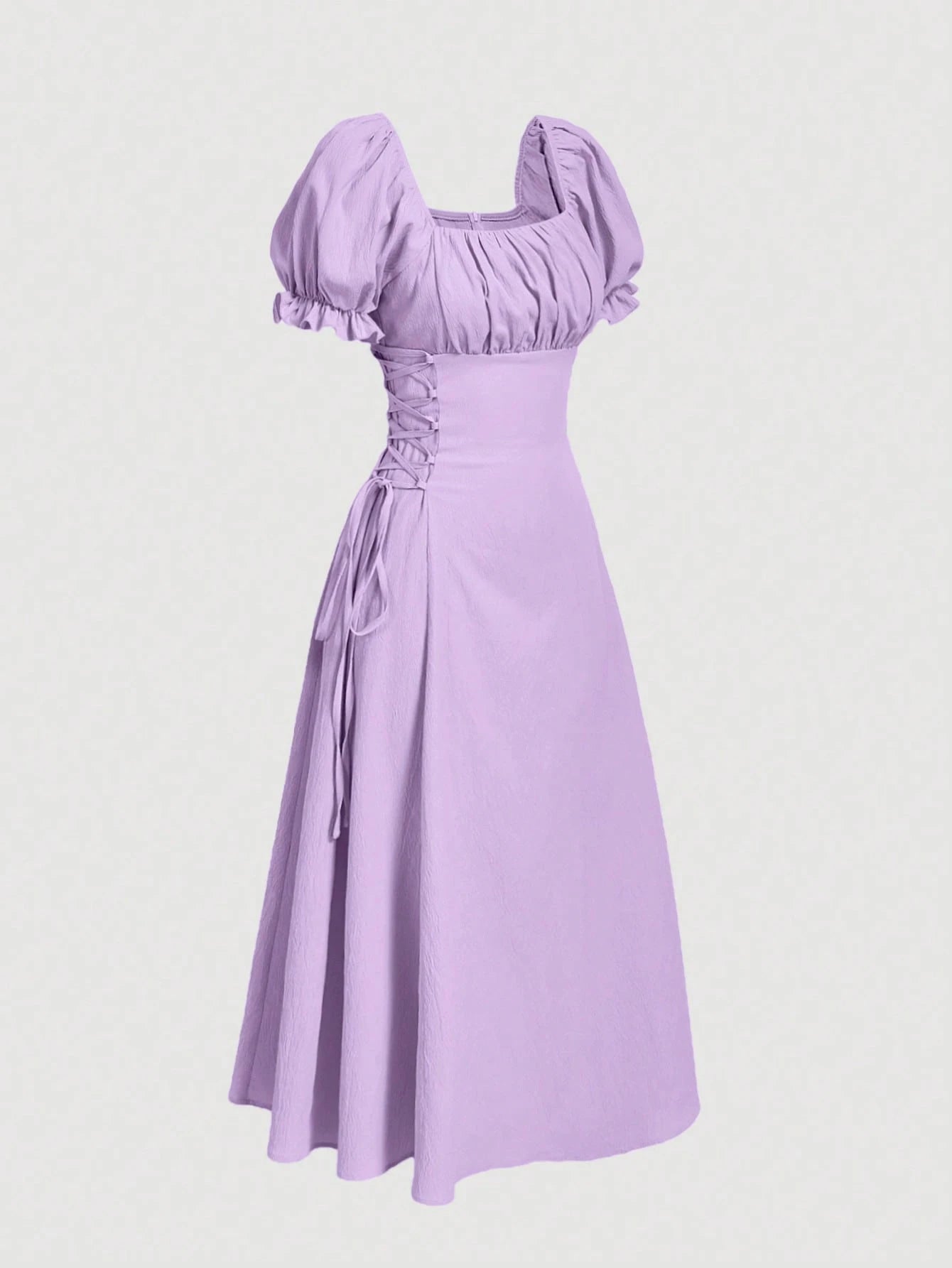 Skyraze Puff Sleeve Tie-Waist Mid-Length Yellow Dress
