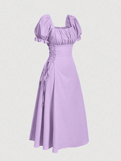 Skyraze Puff Sleeve Tie-Waist Mid-Length Yellow Dress