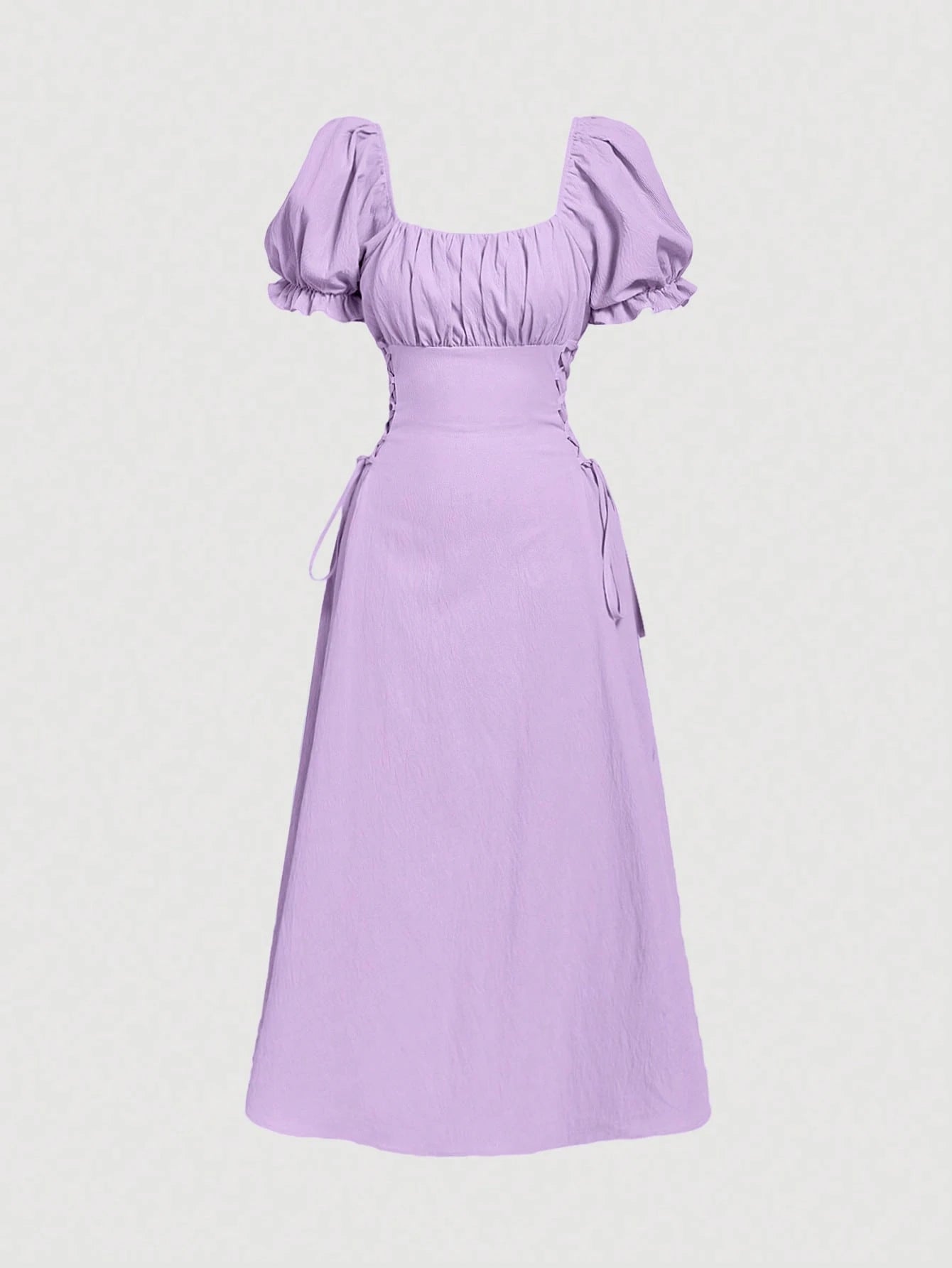 Skyraze Puff Sleeve Tie-Waist Mid-Length Yellow Dress