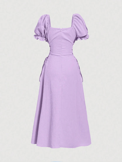 Skyraze Puff Sleeve Tie-Waist Mid-Length Yellow Dress