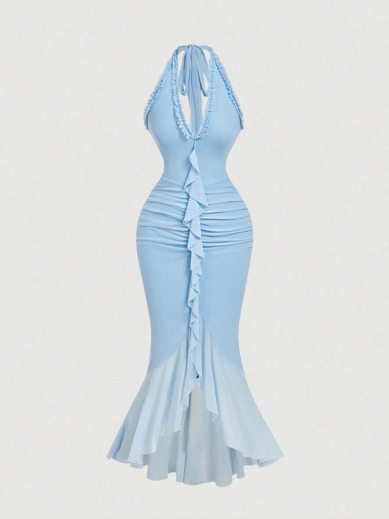 Skyraze Ruffle Trim Cinched Waist Bow Tie Mesh Overlay Dress,Dresses For Women Summer