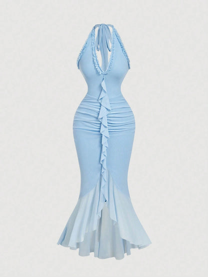 Skyraze Ruffle Trim Cinched Waist Bow Tie Mesh Overlay Dress,Dresses For Women Summer