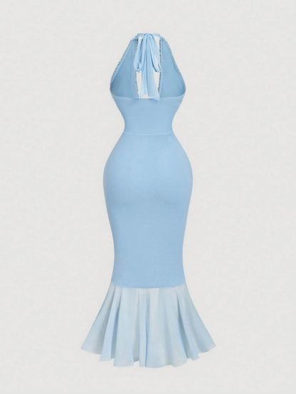 Skyraze Ruffle Trim Cinched Waist Bow Tie Mesh Overlay Dress,Dresses For Women Summer