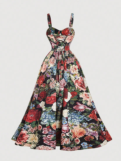 Skyraze Women's Black Floral Print Elegant Summer Spaghetti Strap Dress,Waist Cinched Victorian Style Outfit For Date,Party,Wedding,Prom & Birthday,Vintage