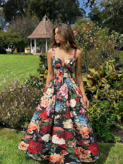 Skyraze Women's Black Floral Print Elegant Summer Spaghetti Strap Dress,Waist Cinched Victorian Style Outfit For Date,Party,Wedding,Prom & Birthday,Vintage