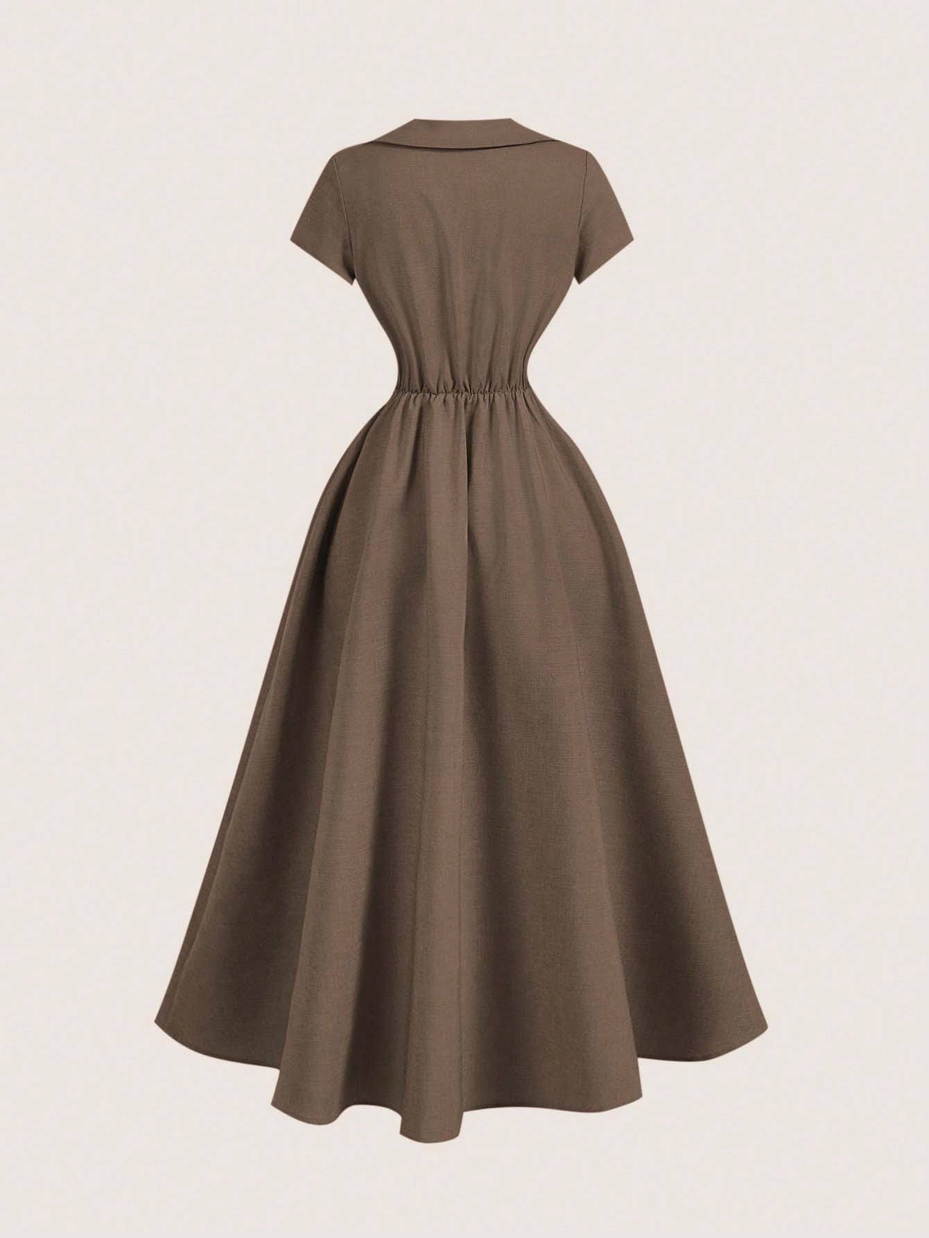 Skyraze Women's Elegant Solid Color Waist Cinched Mid-Length Dress, Summer,Summer Dresses For Women,Dresses For Women Summer
