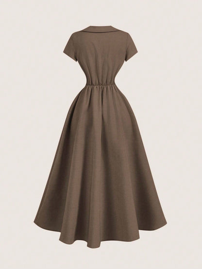 Skyraze Women's Elegant Solid Color Waist Cinched Mid-Length Dress, Summer,Summer Dresses For Women,Dresses For Women Summer
