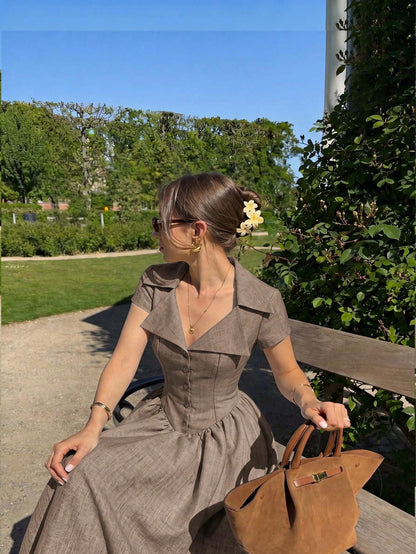 Skyraze Women's Elegant Solid Color Waist Cinched Mid-Length Dress, Summer,Summer Dresses For Women,Dresses For Women Summer