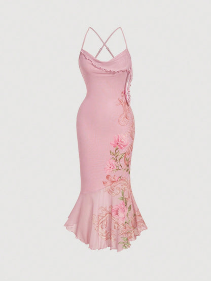 Skyraze Women's Light Pink Floral Elegant Romantic Long Dress,Summer Wedding Garden Party Vacation Ninang,Retro Vintage Cottagecore Milkmaid French Style