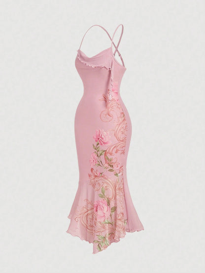 Skyraze Women's Light Pink Floral Elegant Romantic Long Dress,Summer Wedding Garden Party Vacation Ninang,Retro Vintage Cottagecore Milkmaid French Style