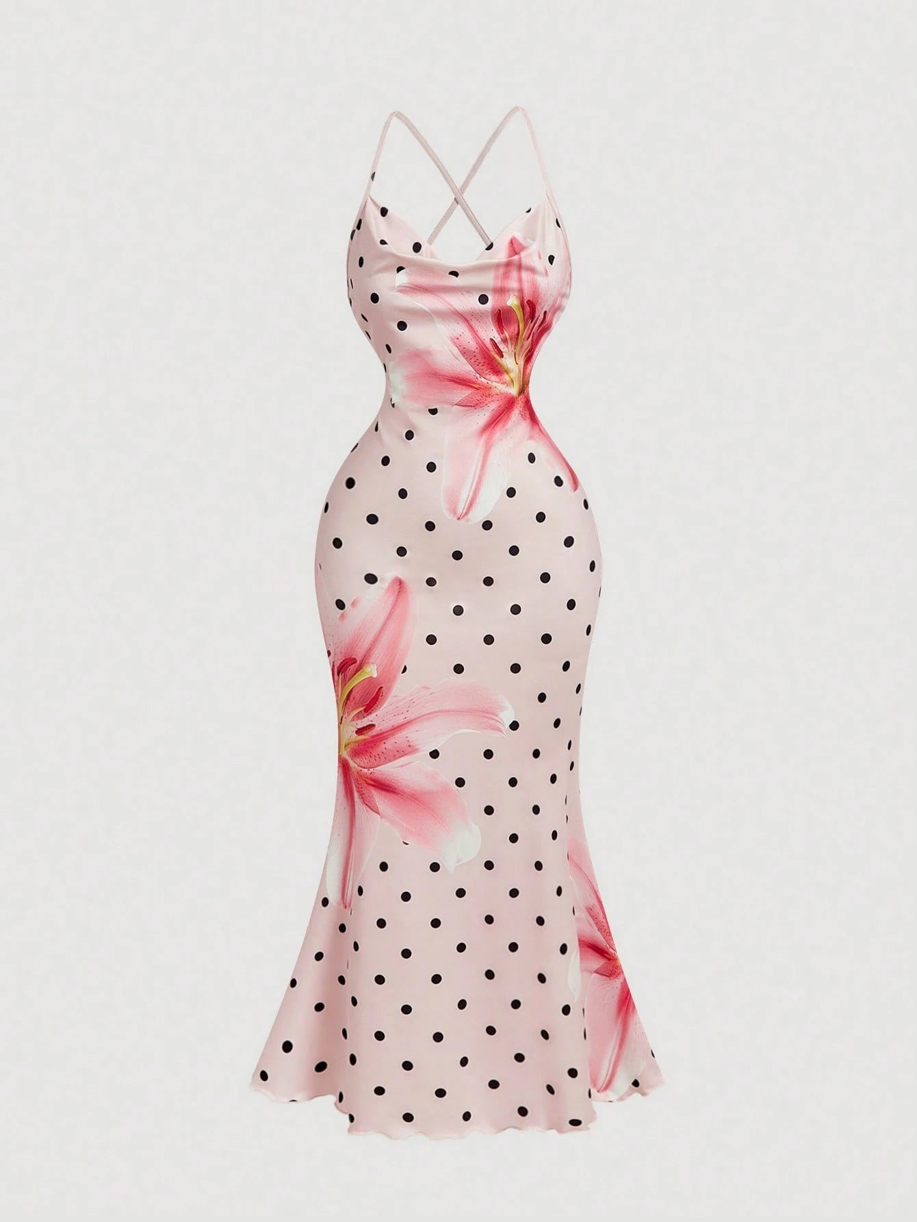 Skyraze Women's Pink And Black Polka Dot Floral Print Ruffled Neck Fishtail Hem Elegant Tropical Sexy Jamican Midi Slip Summer Dress Holiday Vacation Party