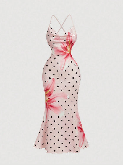 Skyraze Women's Pink And Black Polka Dot Floral Print Ruffled Neck Fishtail Hem Elegant Tropical Sexy Jamican Midi Slip Summer Dress Holiday Vacation Party