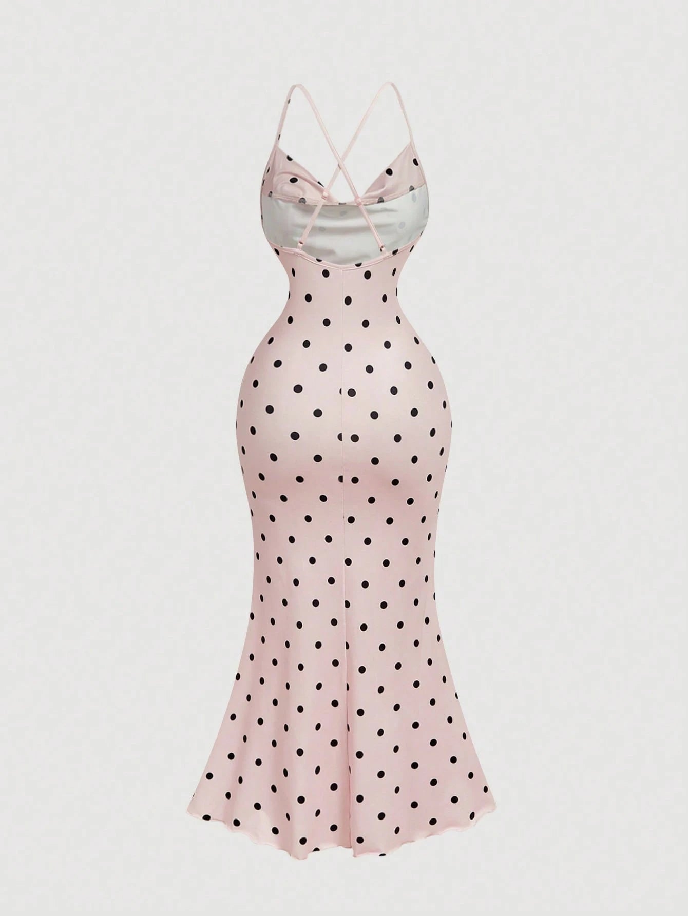 Skyraze Women's Pink And Black Polka Dot Floral Print Ruffled Neck Fishtail Hem Elegant Tropical Sexy Jamican Midi Slip Summer Dress Holiday Vacation Party