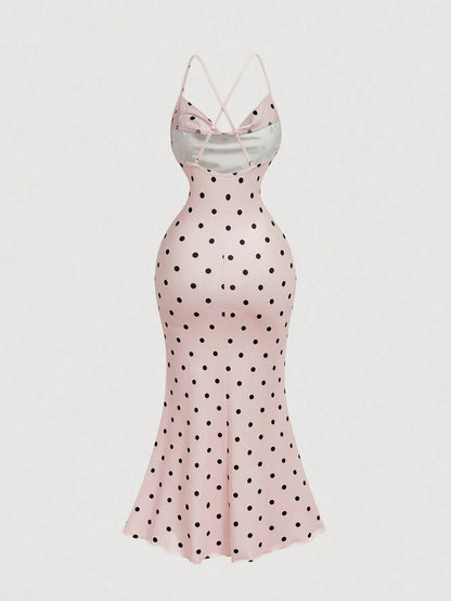 Skyraze Women's Pink And Black Polka Dot Floral Print Ruffled Neck Fishtail Hem Elegant Tropical Sexy Jamican Midi Slip Summer Dress Holiday Vacation Party