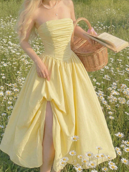 Skyraze Women's Strapless Pale Yellow Dress,Cottage Core Summer Holiday Picnic Sundress,Elegant Ruched Slit Corset Design Waist Cinched Long Party Dress