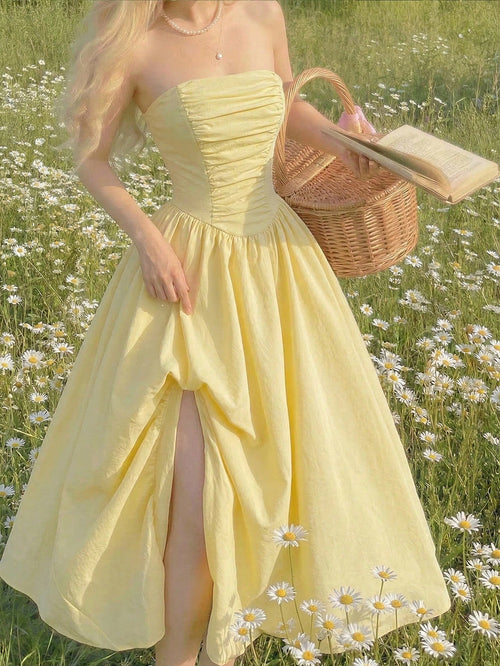 Skyraze Women's Strapless Pale Yellow Dress,Cottage Core Summer Holiday Picnic Sundress,Elegant Ruched Slit Corset Design Waist Cinched Long Party Dress